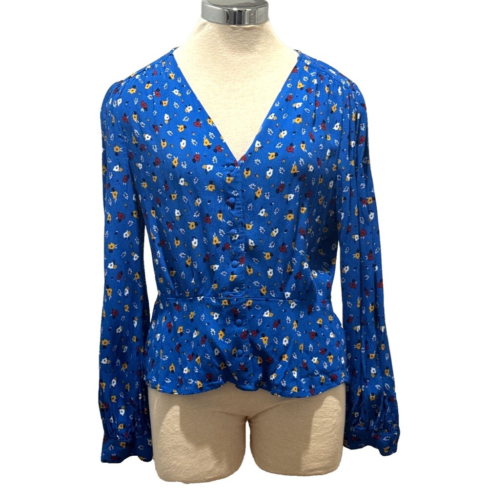 PHILOSOPHY Womens L Blue Floral V Neck Long Sleeve Coquette Babydoll Blouse Top